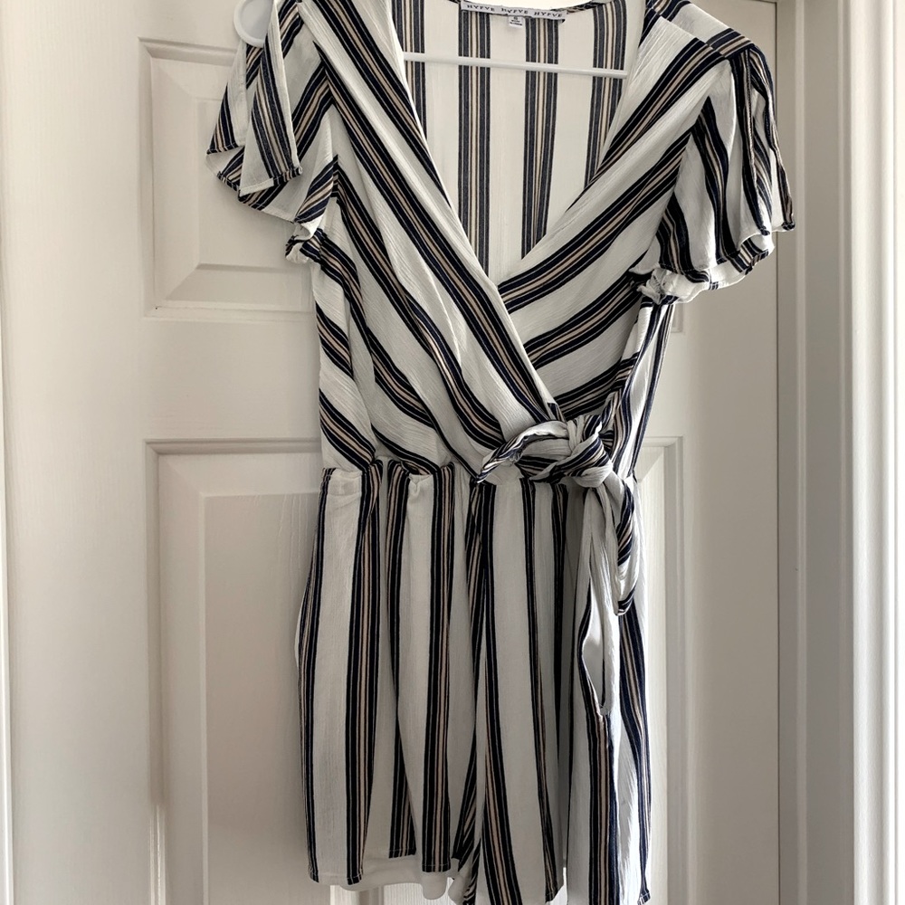 White and navy triped romper, size small